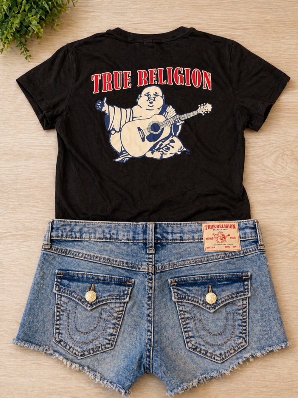 True Religion Joey Cut-Off Low Rise Dark Blue Denim Shorts and size medium top.